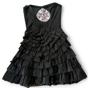 Black Ruffled Dress with Embroidered Detail